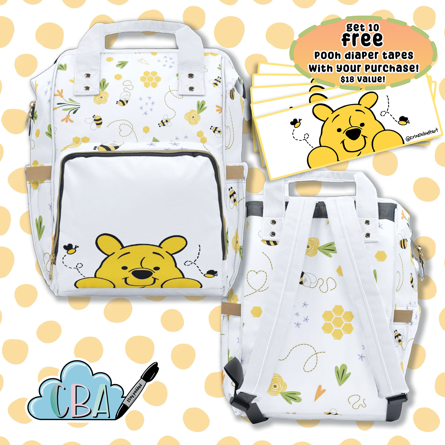 FREE STICKERS ABDL Pooh Bear Diaper Bag Backpack