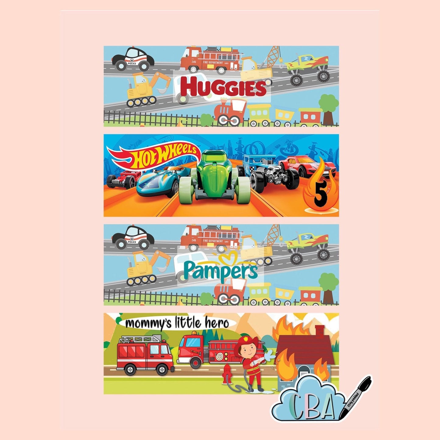 ABDL Diaper Tapes, Pack of 4, Premium Clear “Cars & Trucks Pack”