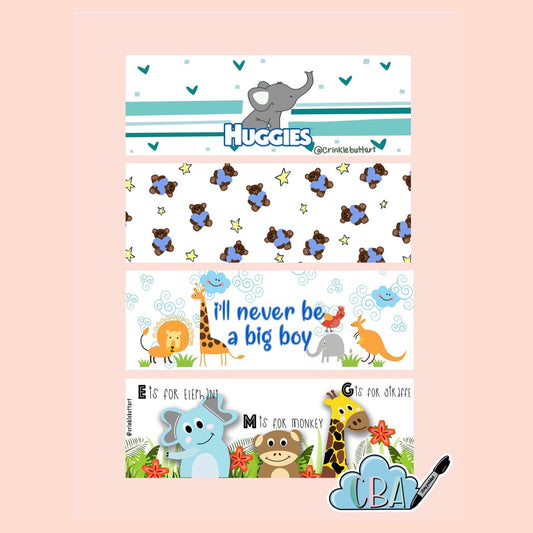 ABDL Diaper Tapes, Pack of 4, Premium Clear “Cute and Blue Pack”