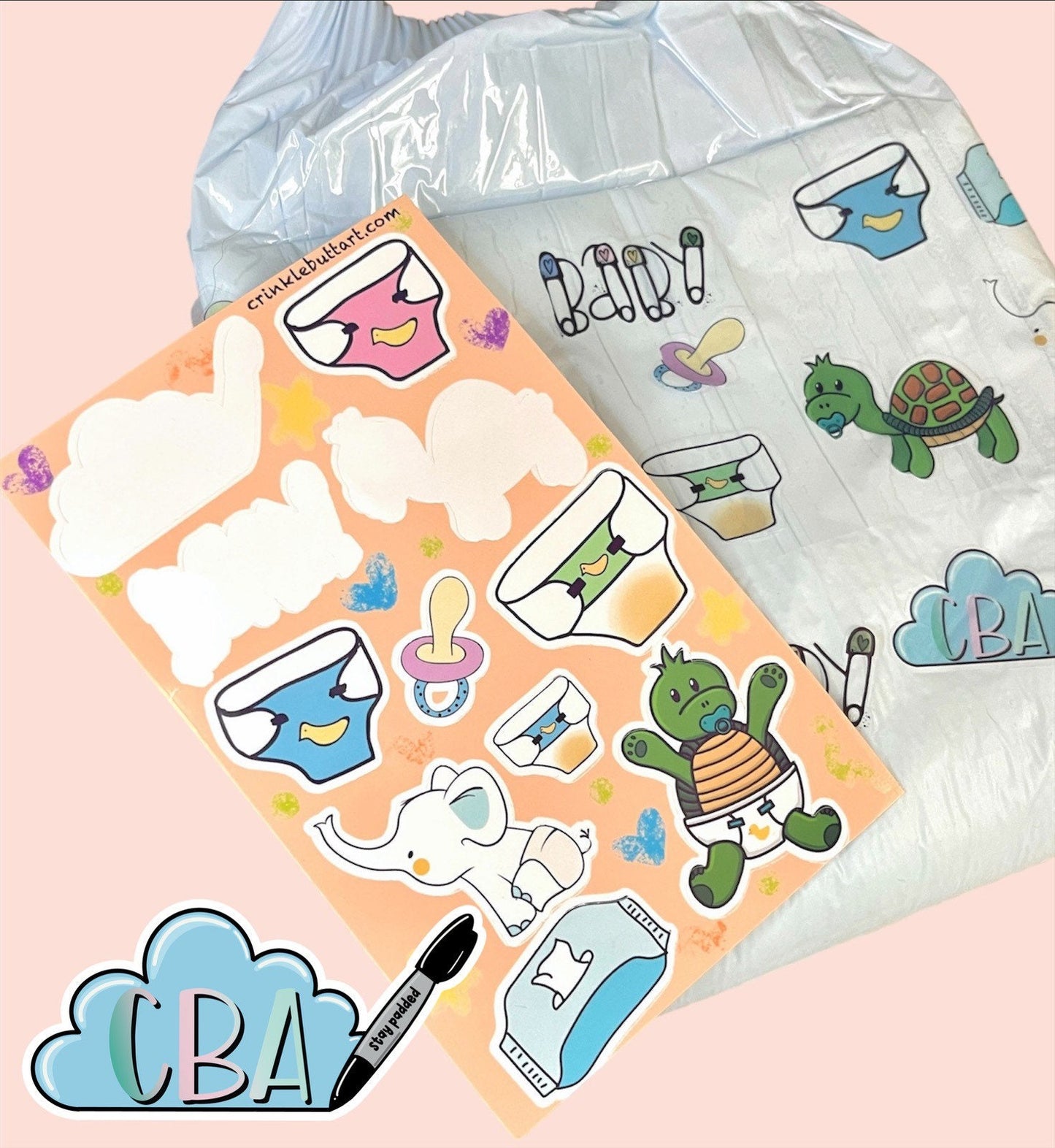 ABDL Sticker Sheet, Adult Stickers, Cute Diaper Decorations “Benny Sticker Sheet”